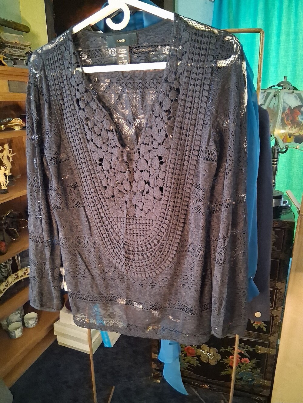 Rain Navy Blue Crochet Lace V-Neck Blouse